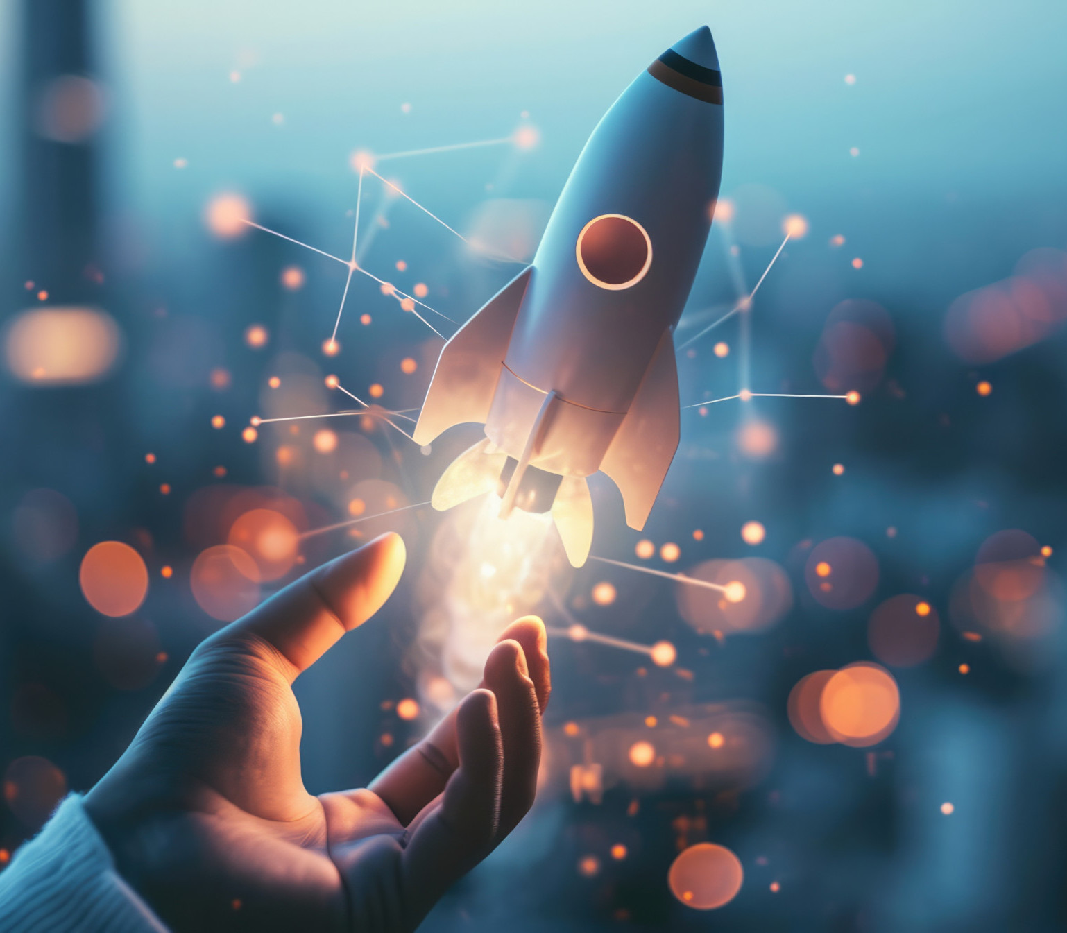 Businessman control rocket is launching and soar flying out from hand to sky for growth business, Fast business success, Startup business concept.